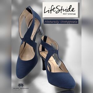 Life Stride Giovanna 2 Sz 9.5M Navy Blue Fabric Cutout Dress Heels Back Zipper